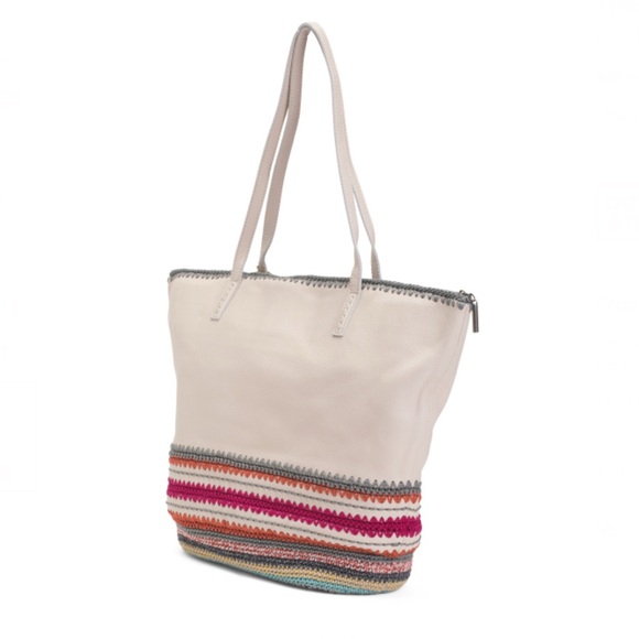 The Sak Faye Large Genuine Leather Tote Stone With Multicolored Crochet Stripes - Picture 4 of 13